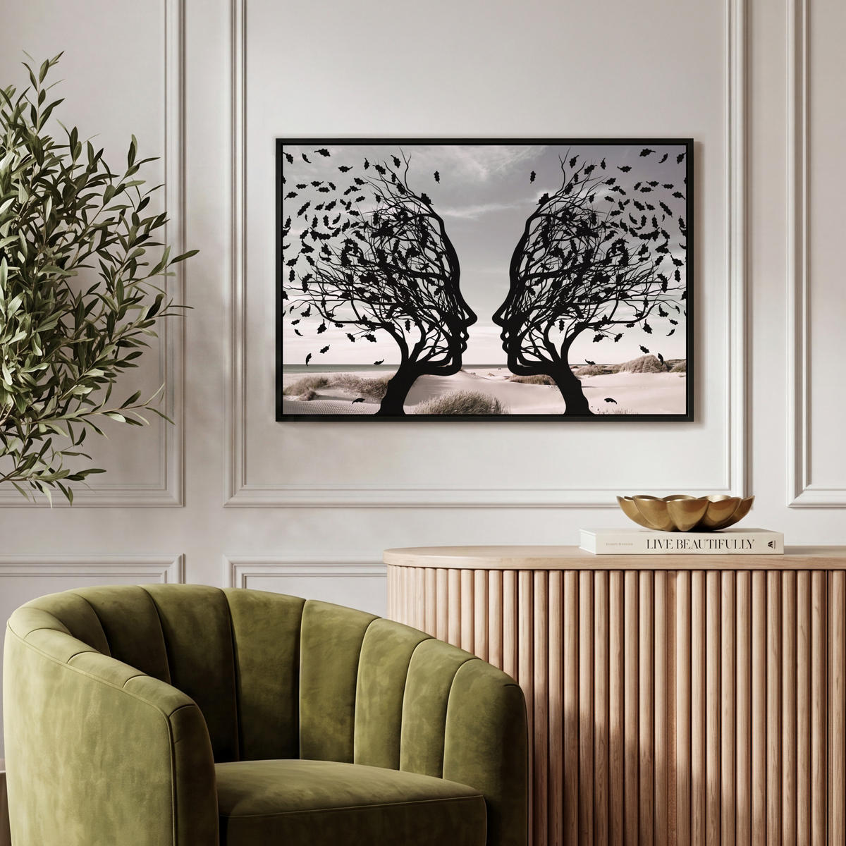 LEINWAND Bilder mit Rahmen - Strand - Meer - Menschen - Baum - Moderne Kunst - 60x40 - Hellgrau, Textil (60/40cm) - MuchoWow