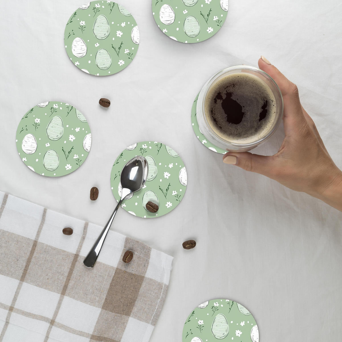 GLASUNTERSETZER Grün - Eier - Muster 10x10 cm - Hellgrün, Naturmaterialien (10/0.2cm) - MuchoWow