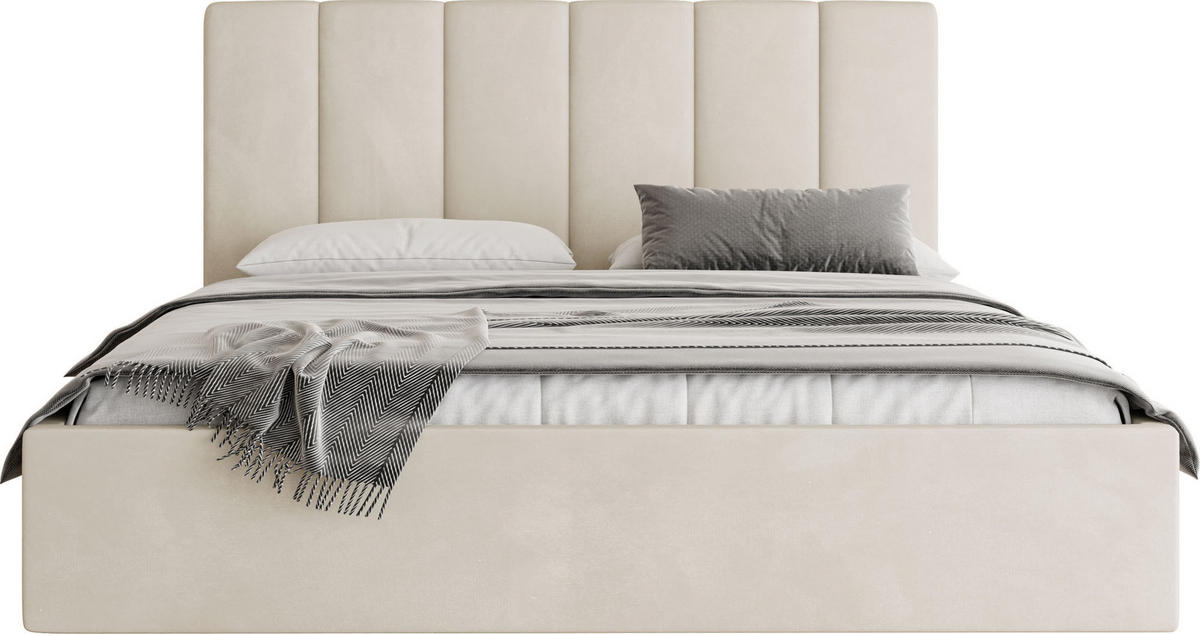 POLSTERBETT Amira Slim mit Bettkasten, Creme Samt 180x200 cm - Beige/Birkefarben, Holz/Holzwerkstoff (180/200cm) - WFL GROUP