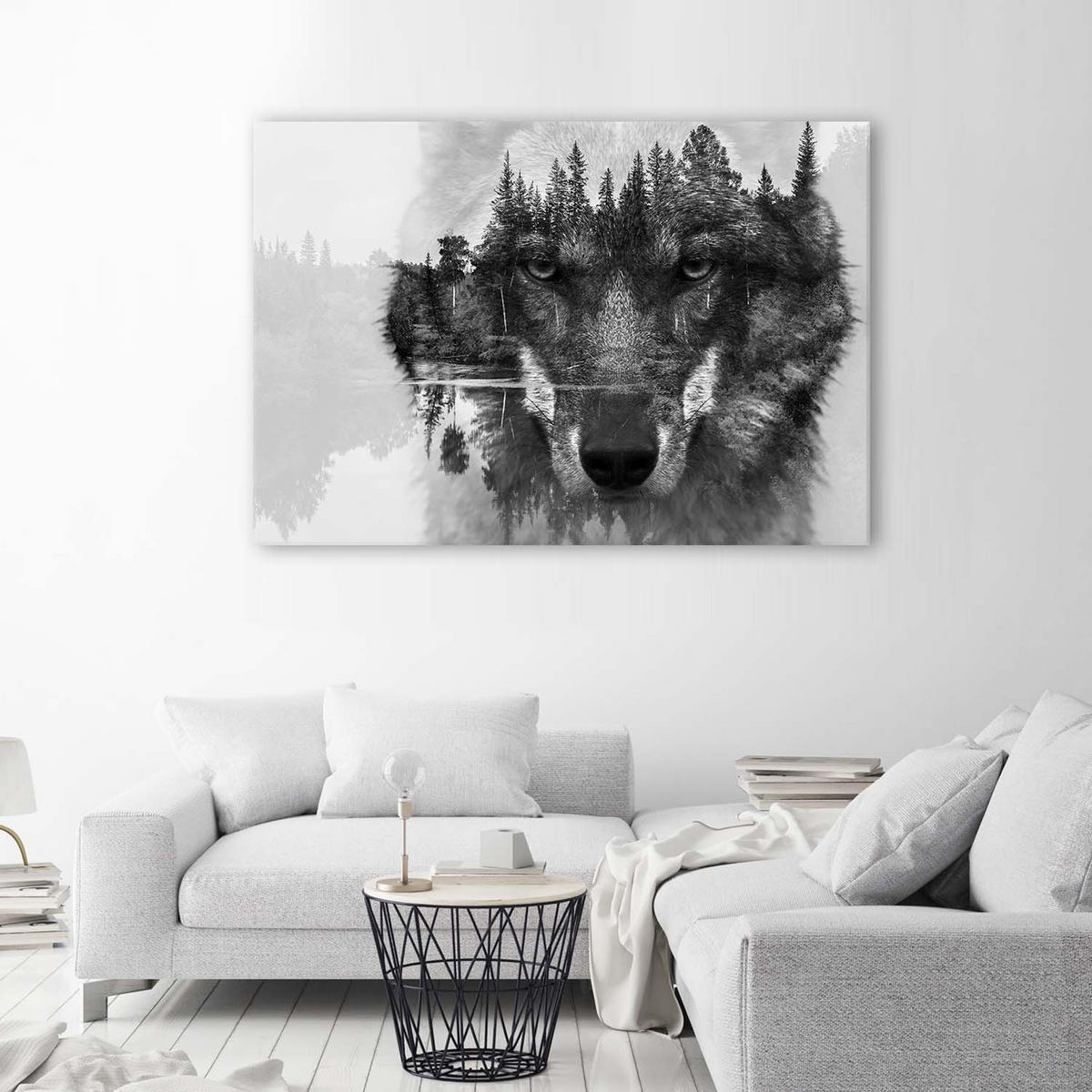 LEINWANDBILD Schwarzer Wolf auf Wald und See Hintergrund abstrakt 120x80cm - Grau, Textil (120/80cm) - Feeby