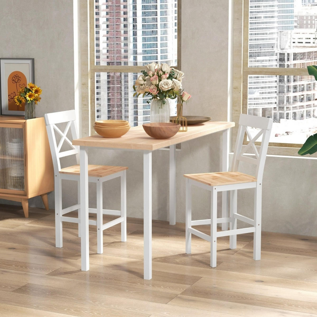 BARHOCKER DE-36067 2er Set mit Kiefernholz im Landhaus-Stil Natur - Weiß, Holz (41/97.5/46cm) - ComfortXL