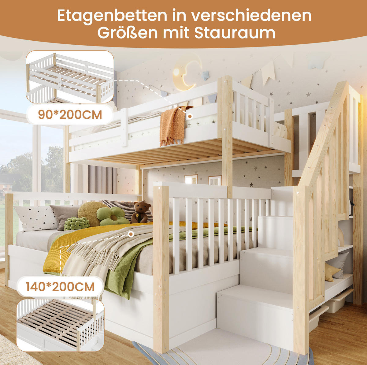 ETAGENBETT 90/200 + 140/200 cm mit Stauraum und hydraulischem Bettkasten - Weiß, Holz - BEAOK