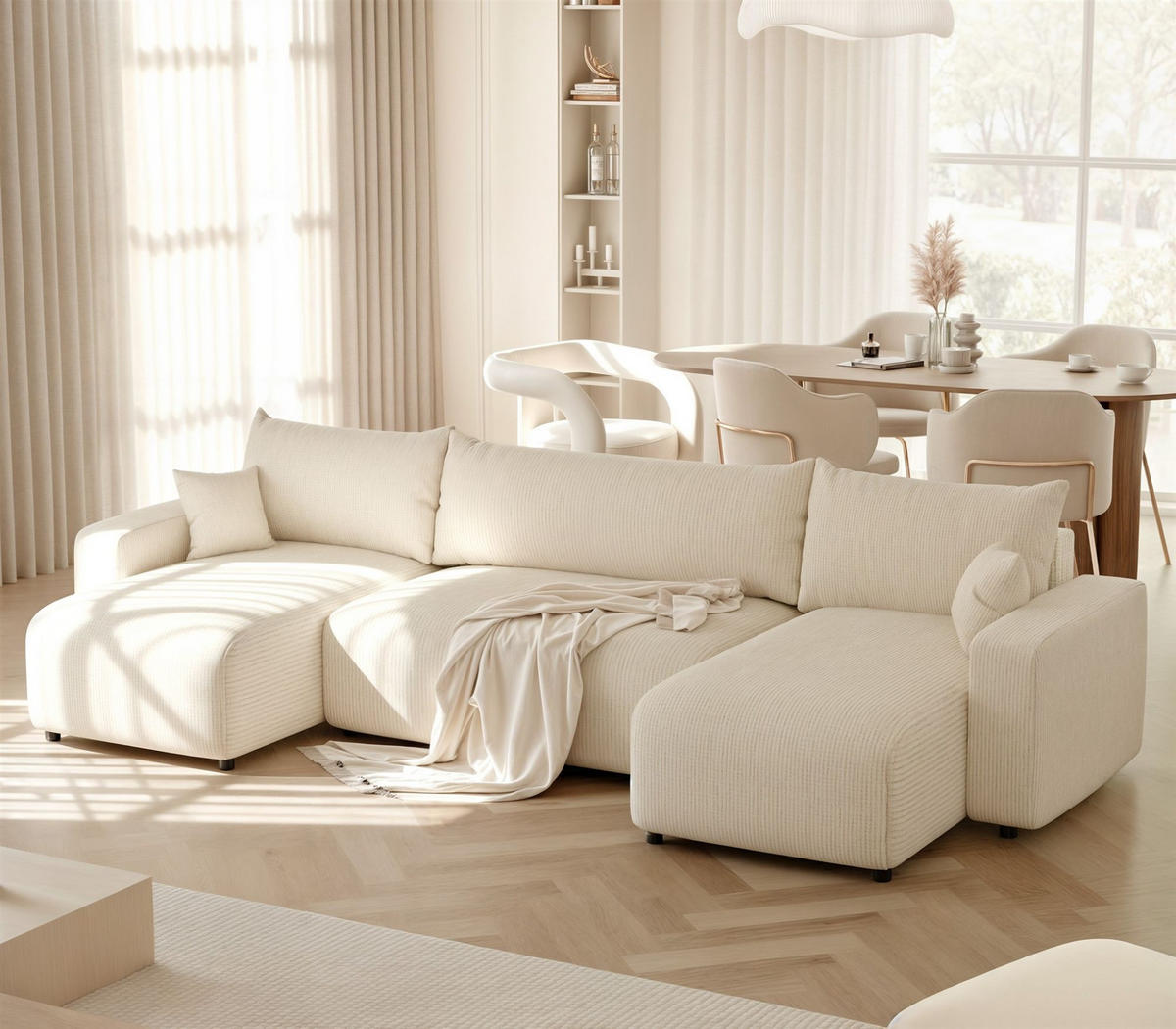 WOHNLANDSCHAFT Luna Mit Schlaffunktion - Creme, Holzwerkstoff/Textil (318/79/145cm) - Fun Möbel