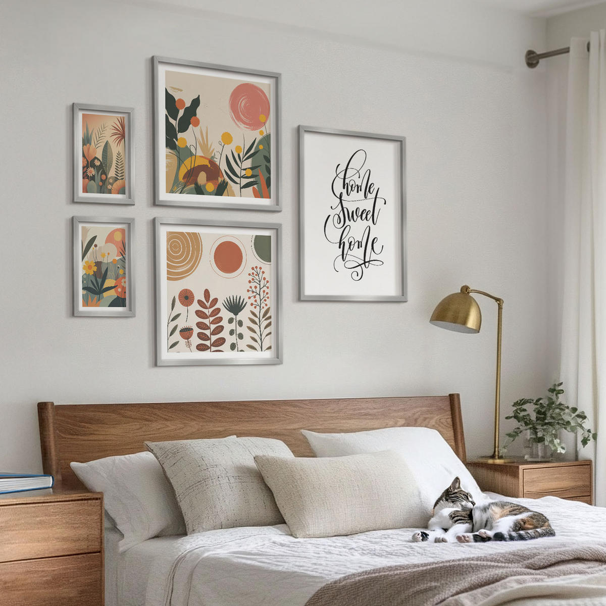 BILDER SET 5er Set - 50x50 cm & 20x30 cm & 40x60 cm Silberner Rahmen - Pastellfarbene Pflanzenmuster - Silberfarben, Kunststoff (40/60cm) - TULUP