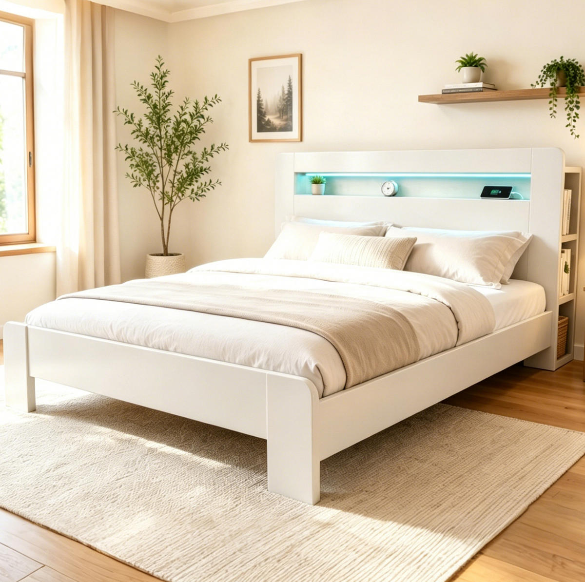 STAURAUMBETT 180/200 cm Weiß aus Holz mit LED und Kopfteil mit Stauraum - Weiß, Holz (180/200cm) - MIVRAY