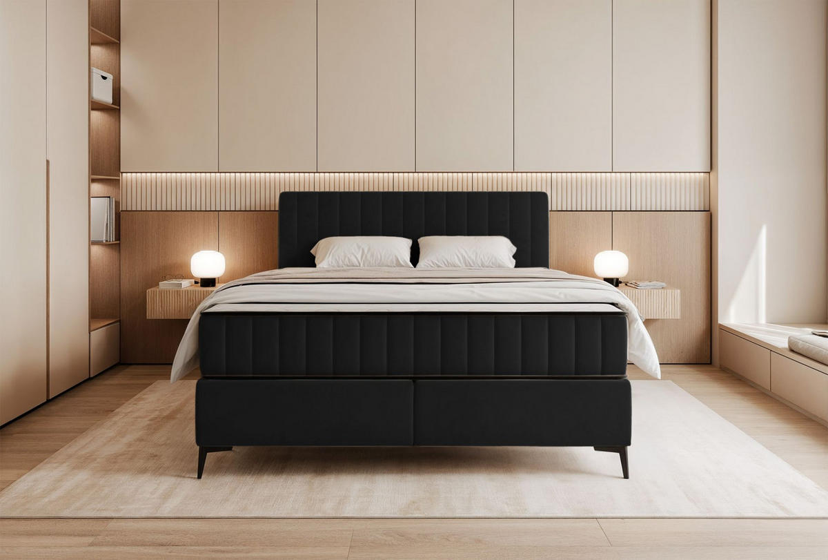 BOXBETT Mufasso Schwarz Samtbezug 180x200 cm - Schwarz, Textil/Metall (180/200cm) - Selsey