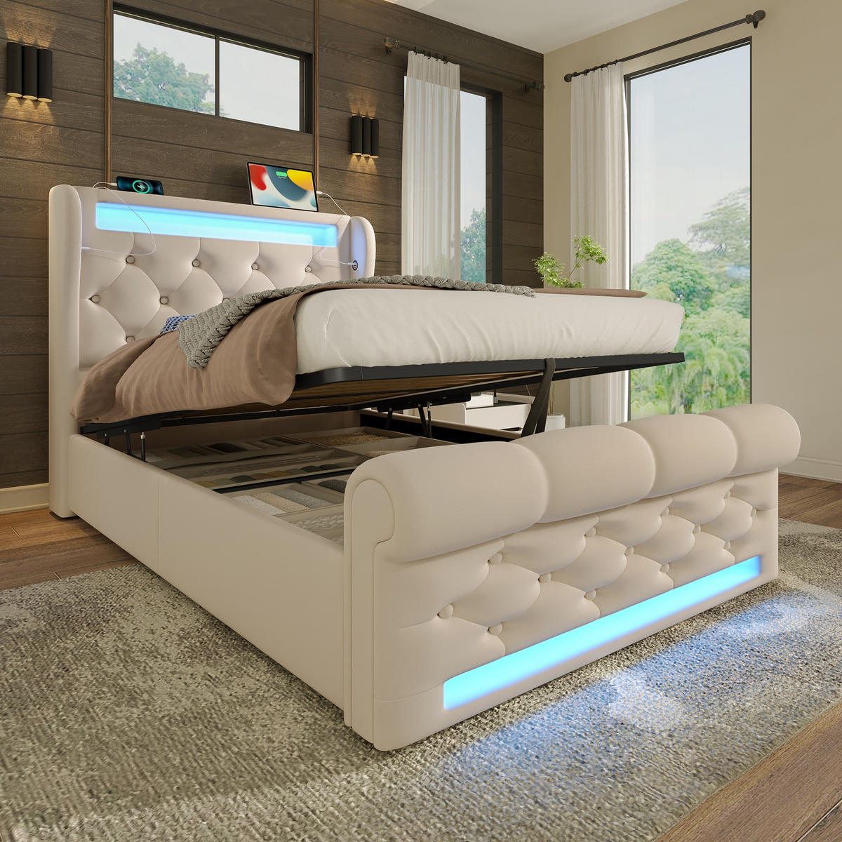 POLSTER EINZELBETT 90x200cm mit LED USB-C & Hydraulik Stauraum Beige - Beige, Holz (90/200cm) - FLIEKS