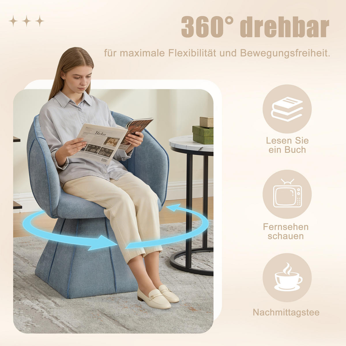 DREHSESSEL Chenille Stoff 360° Drehbar Polstersessel Loungesessel, Blau - Blau, Textil (56/74.5/54cm) - LVHOM