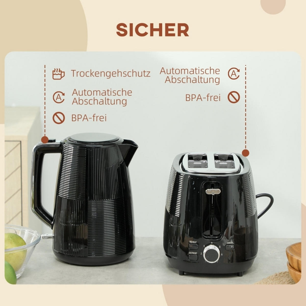 WASSERKOCHER-TOASTER Edelstahl Schwarz 1,7 L - Schwarz, Kunststoff (15.6/23.3/20.4cm) - Rolipo