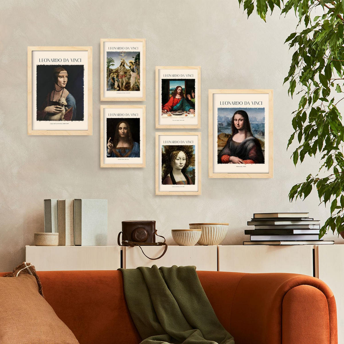POSTER Set Mit 6 Da Vinci Malergalerie Dekorative Gemälde Für Ihr Wohnzimmer Schlafzimmer Zuhause Wandkunstdrucke A3 & A4 Rahmen Aus Hellem Holz - Beige, Papier (29/3cm) - Nacnic