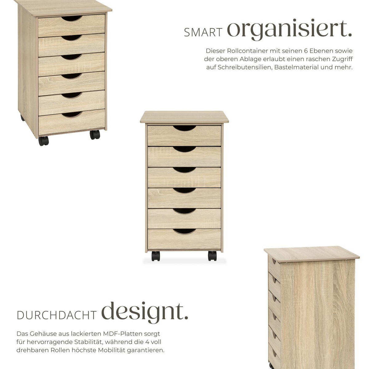 ROLLCONTAINER ,einfache Montage, 36 x 40 x 65 cm,Holz hell, Eiche Sonoma - Eiche Artisan, Holz (40/65/36cm) - tectake