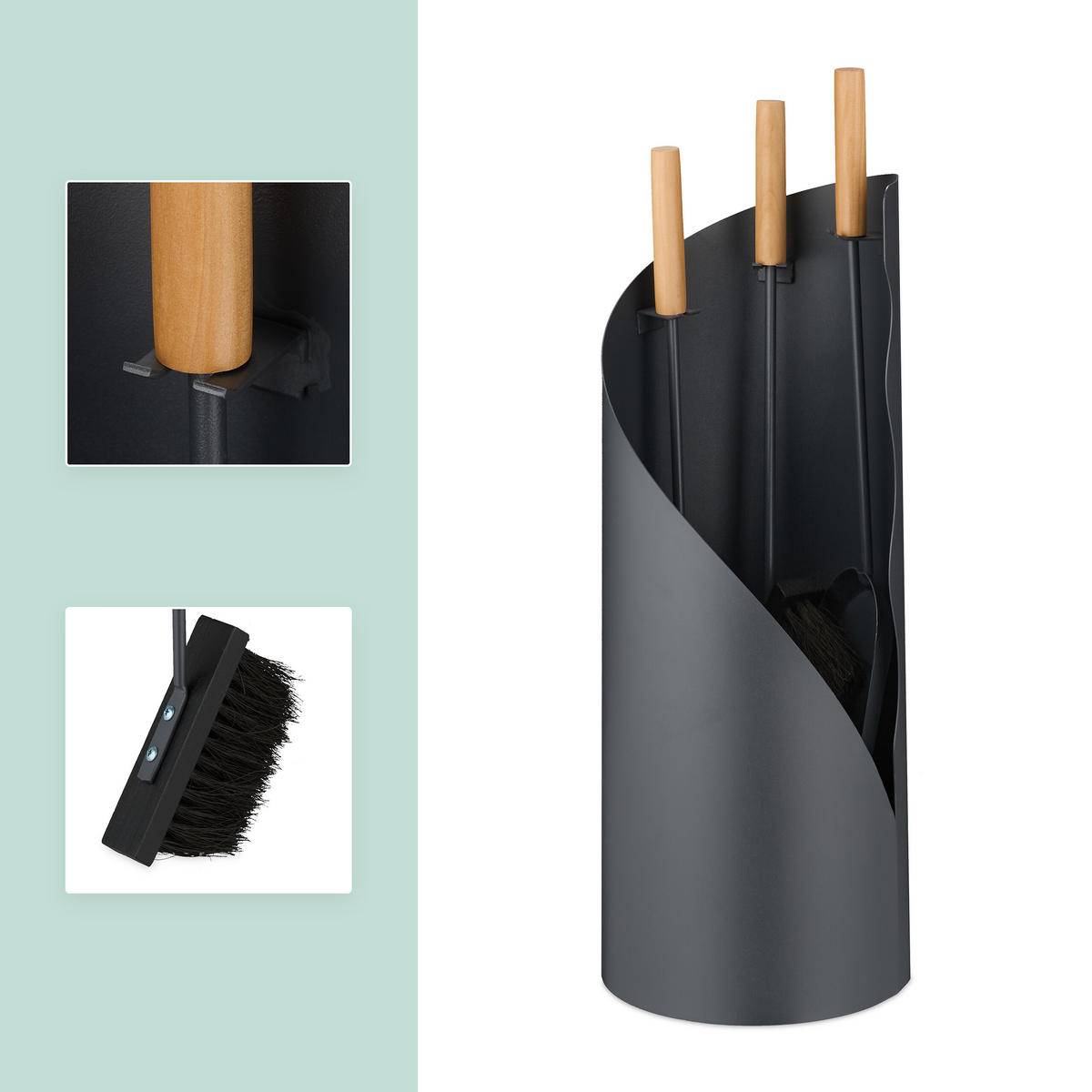 KAMINBESTECK-SET 4-tlg. - Grau, Holz/Metall (20/57/20cm) - Relaxdays
