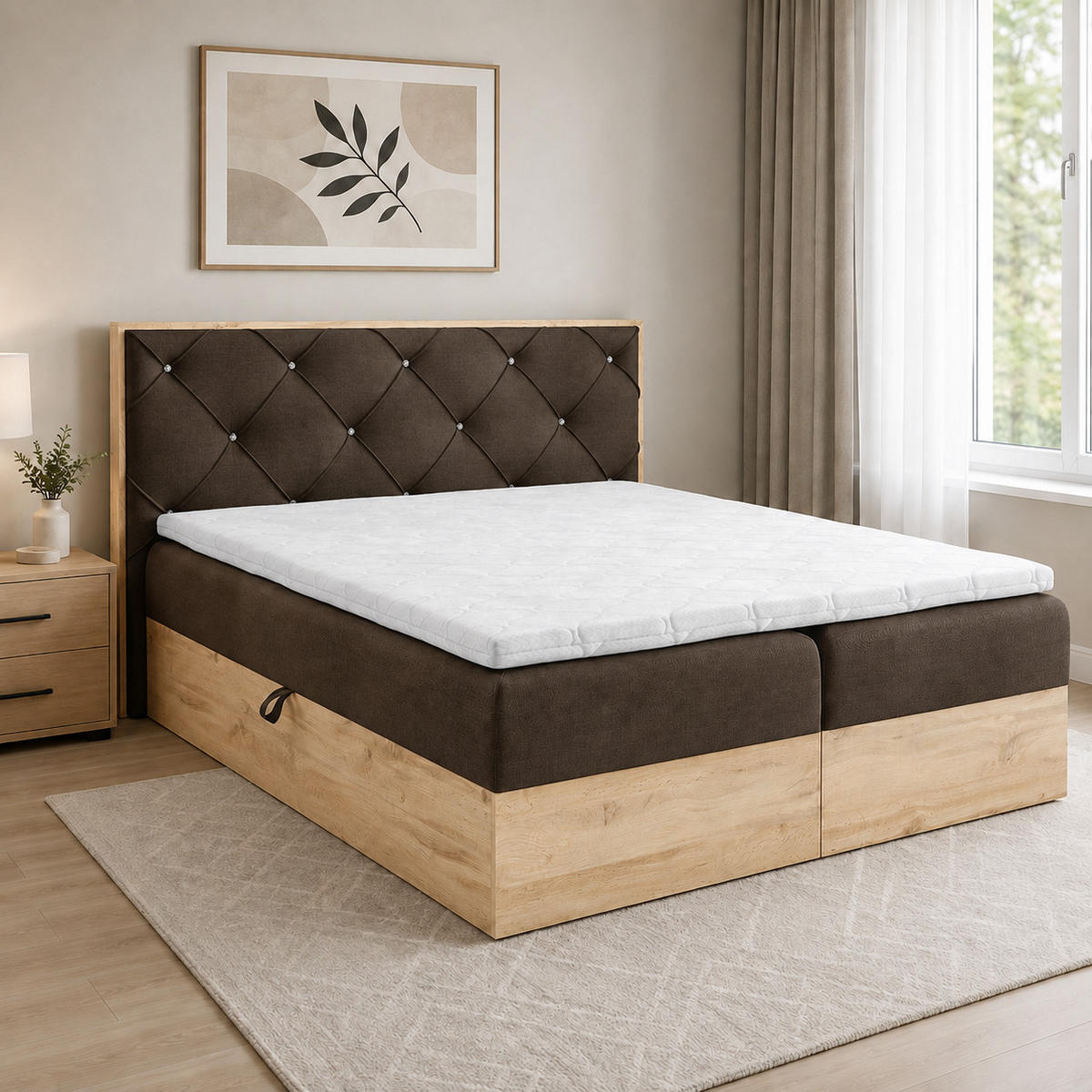 BOXBETT Holzoptik Sonoma Eiche mit Topper 120x200 cm Dunkelbraun - Dunkelbraun, Textil (120/200cm) - Home Collective