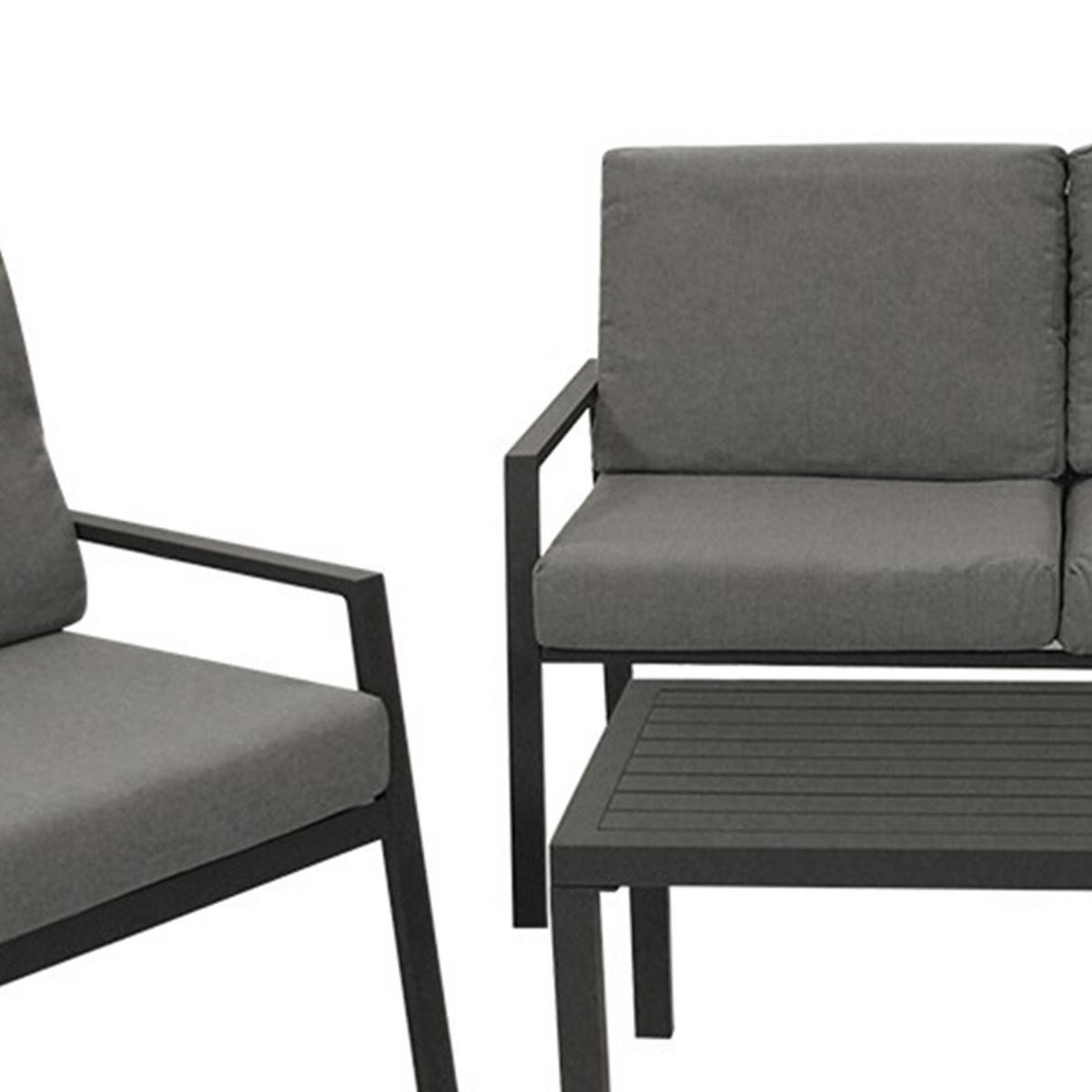 LOUNGESET Kilbride - 4-teilig (1x 2-sitzer Sofa mit Polster, 2x 1-sitzer Lehnenessel mit Polster, 1x Kaffeetisch), Aluminium - Grau, Metall - TPFGarden