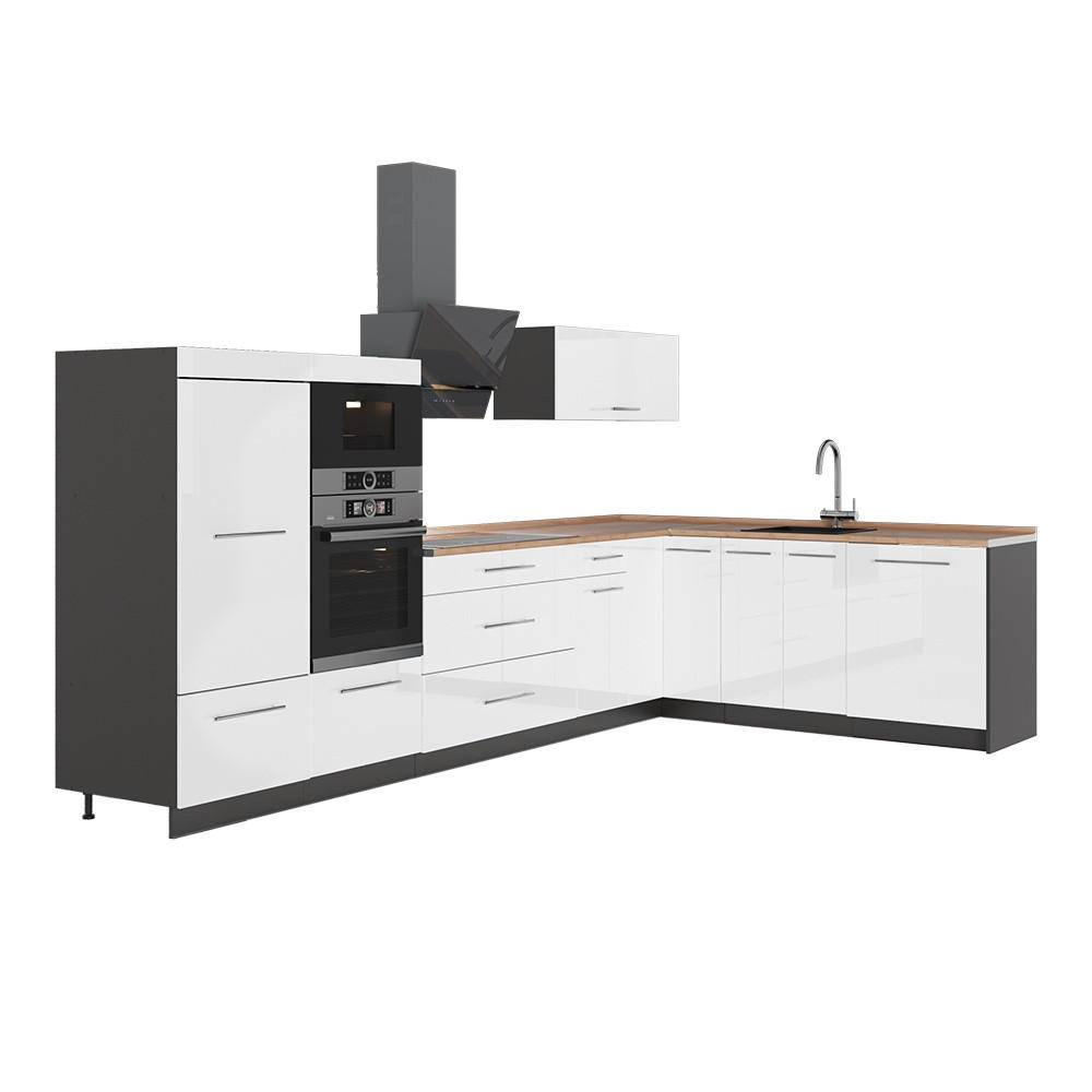 ECKKÜCHE Fame-Line, Weiß Hochglanz/Anthrazit, 347 x 207 cm, AP Eiche - Weiß Hochglanz/Anthrazit, Holzwerkstoff (347/153.6/60cm) - Vicco