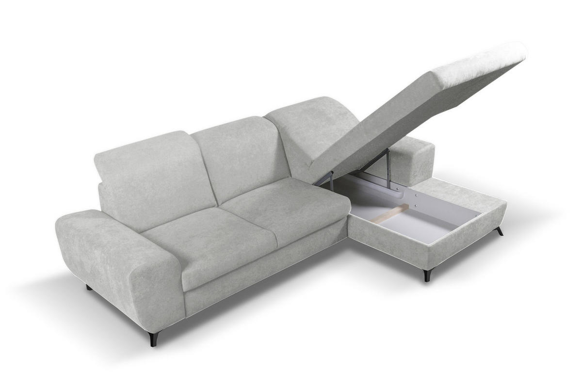 ECKSOFA LUCE R-S Grau Plüsch-Stoff mit Schlaffunktion - Grau, Holz (279/172cm) - MASSENO