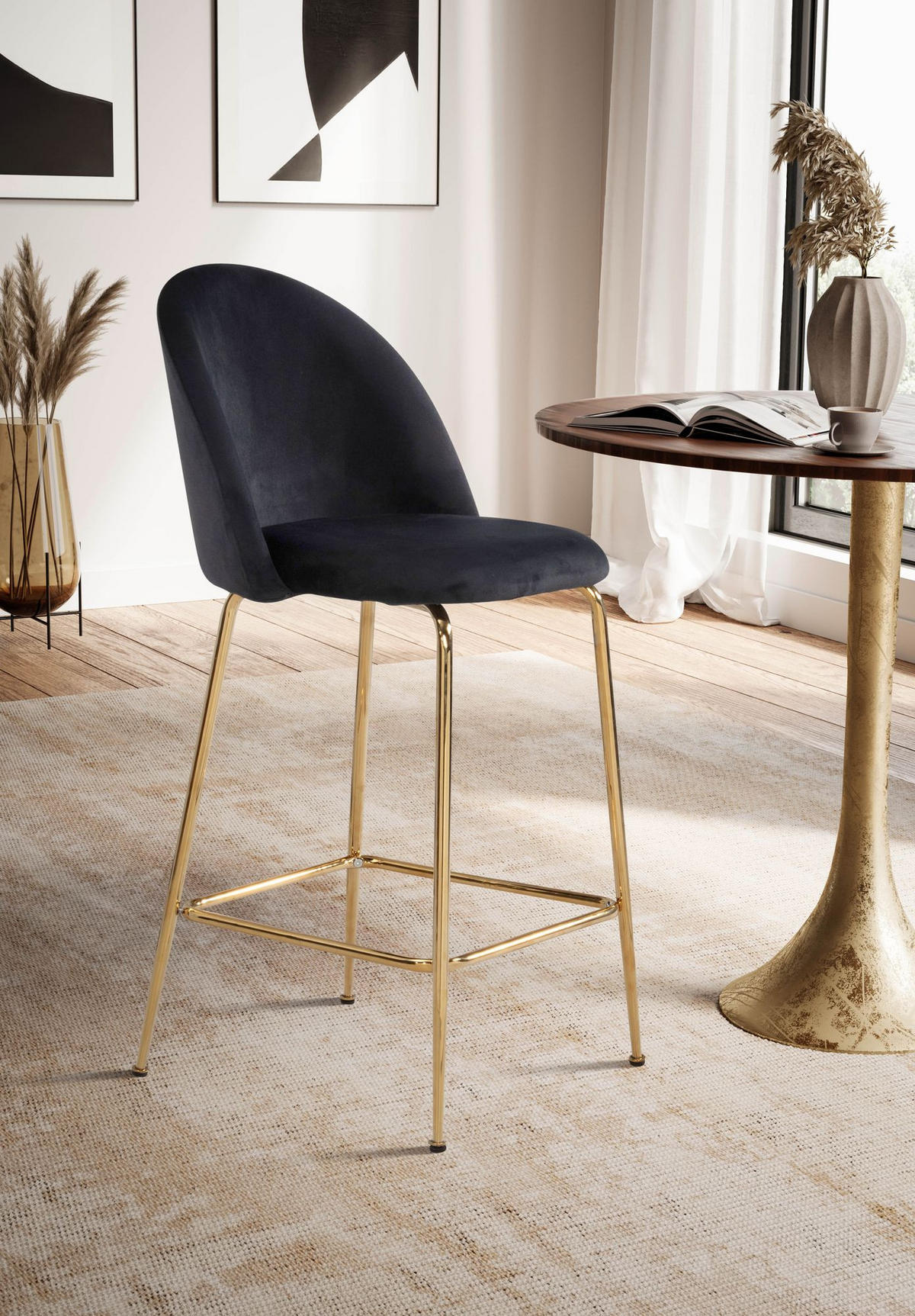BARHOCKER 2er Set Samt Lehne Goldgestell Skandi-Stil Gepolstert, Schwarz 50x50x102 cm - Goldfarben/Schwarz, Textil/Metall (50/102/50cm) - KADIMA DESIGN