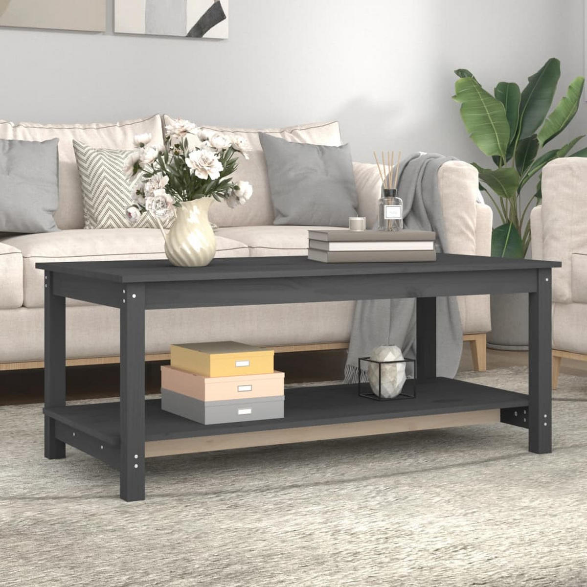 COUCHTISCH Grau 110x55x45 cm Massivholz Kiefer - Grau, Holz (110/55/45cm) - furnicato