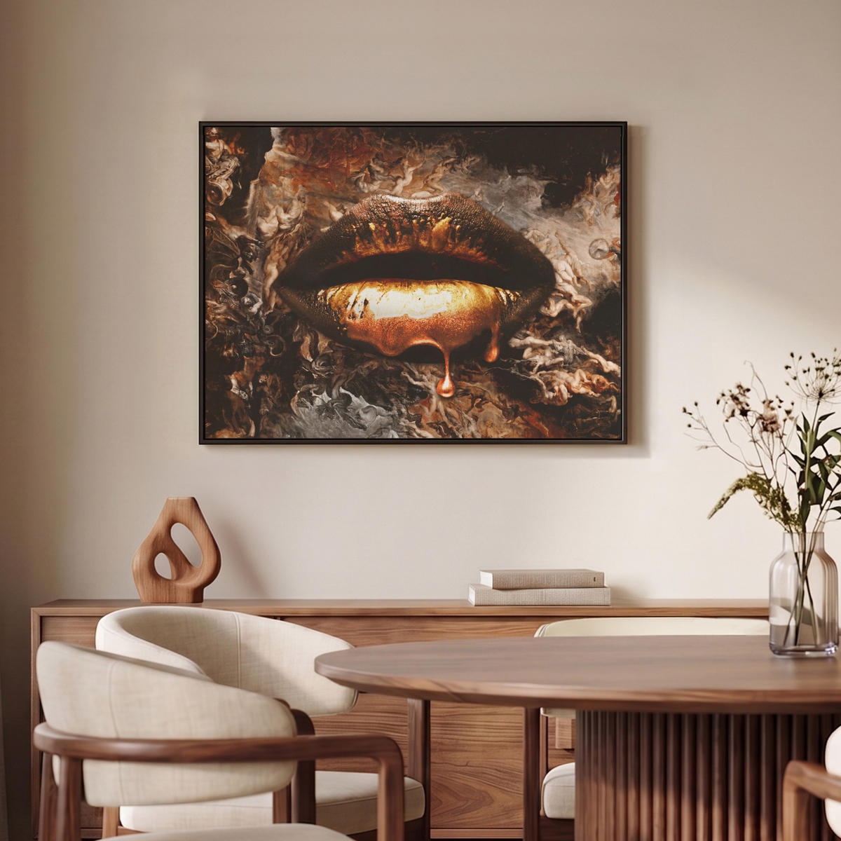 LEINWAND Bilder mit Rahmen - Gold - Lippen - Kunst - Gold - Luxus - Abstrakt - 80x60 - Kupferfarben, Textil (80/60cm) - MuchoWow