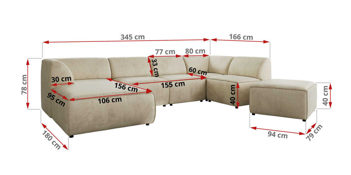 WOHNLANDSCHAFT MODARO U 6M - Beige Velvet - Rechts - Beige/Schwarz, Textil (345/78/180cm) - MKS