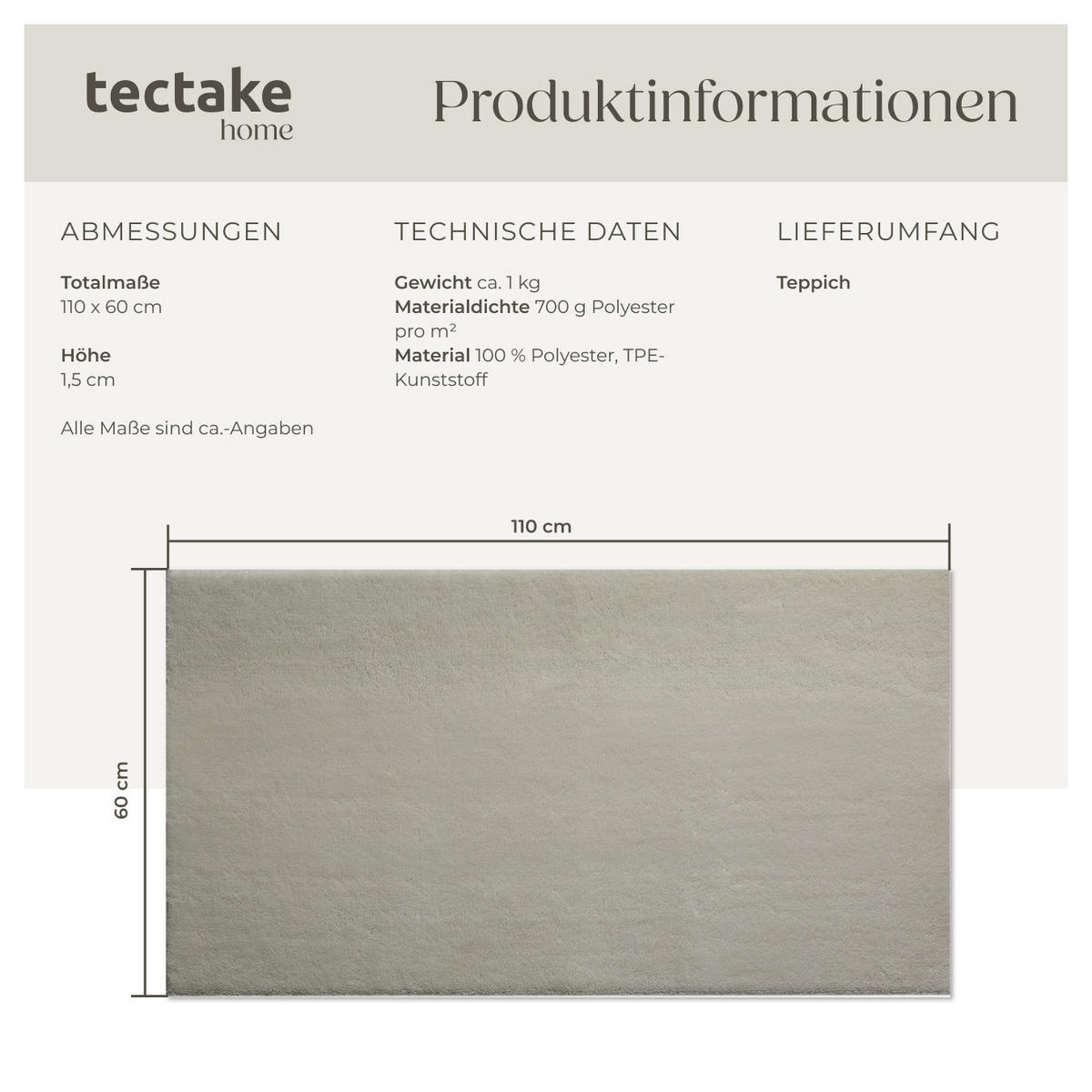 KURZFLORTEPPICH Soft Zone,rutschfeste Unterseite,Sand - Sandfarben, Kunststoff (110/60cm) - tectake