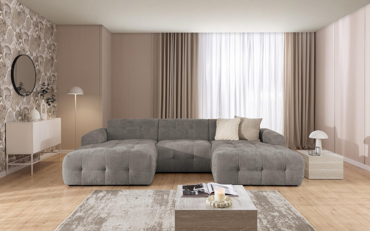 WOHNLANDSCHAFT Kozy im Bumpy-Design mit fester Rückenlehne aus weichem Taupe Chenille-Stoff - Taupe/Schwarz, Holz/Kunststoff (323/79/161cm) - S-Style Möbel