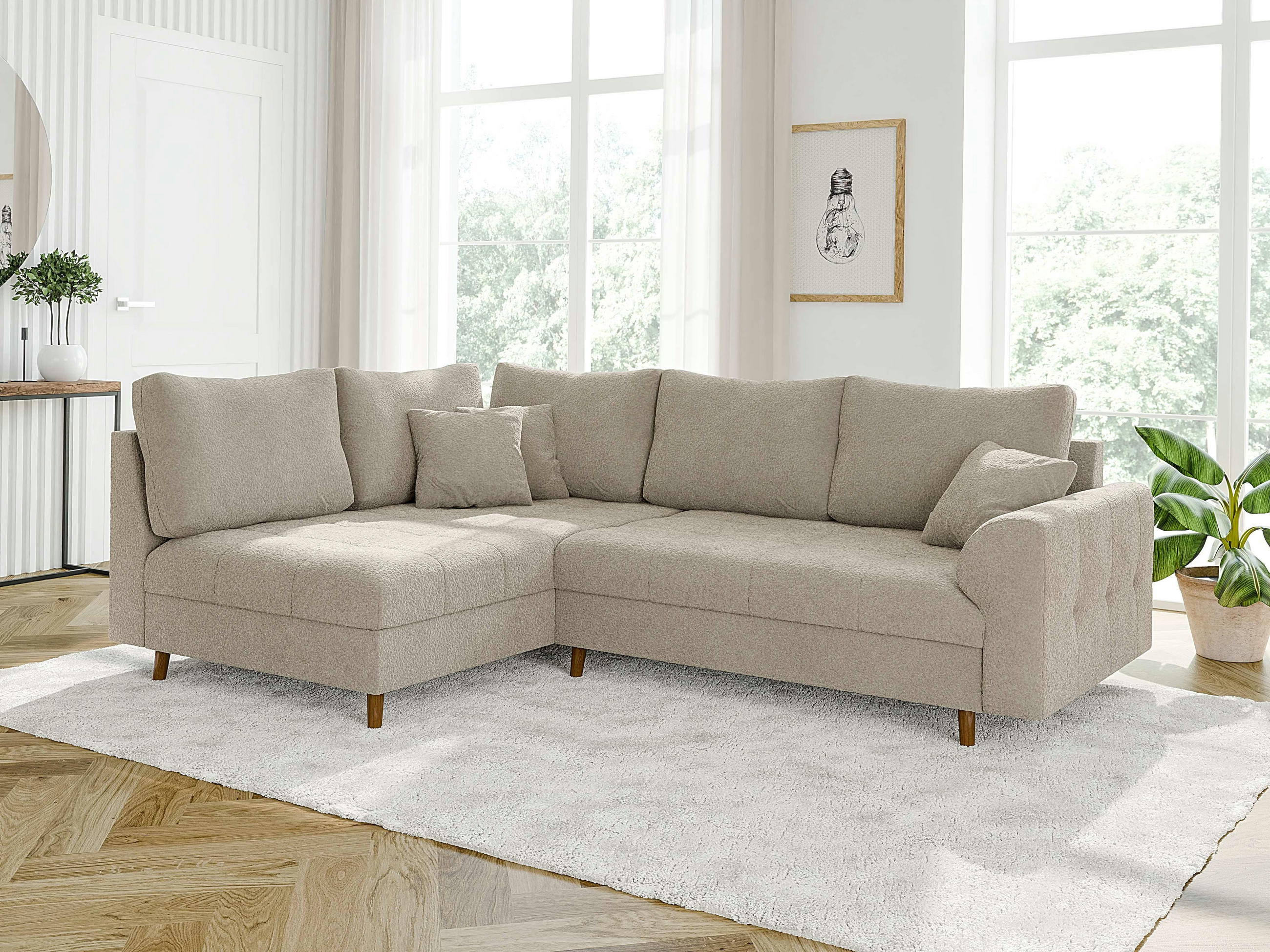 ECKSOFA Henrik Beige Boucle - Ottomane links - Beige/Braun, Holz/Textil (231/161cm) - S-Style Möbel