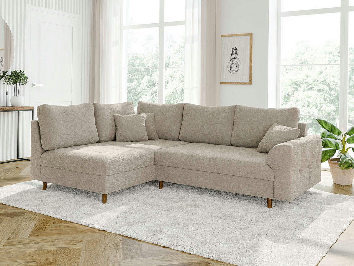 ECKSOFA Henrik Beige Boucle - Ottomane links - Beige/Braun, Holz/Textil (231/161cm) - S-Style Möbel