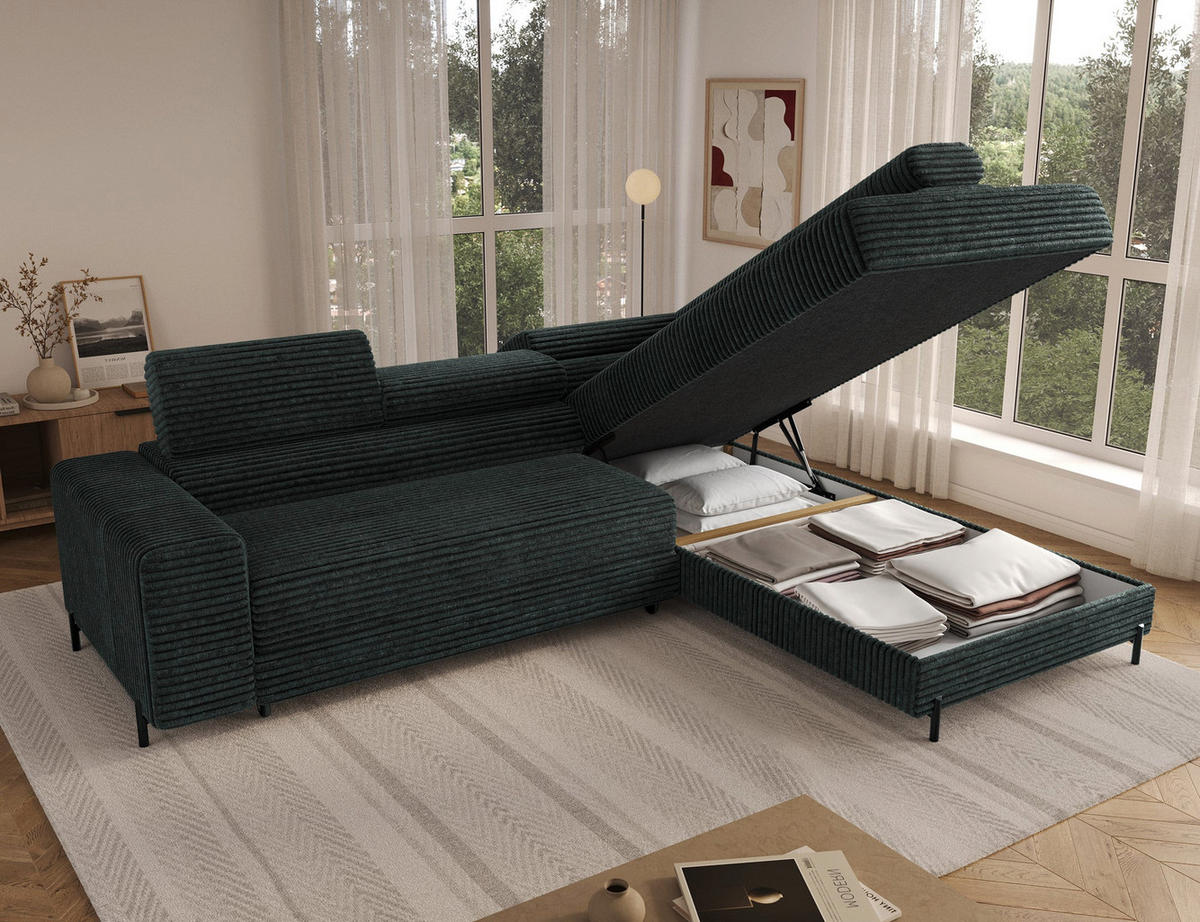ECKSOFA COLESIO L-Form, Schlaffunktion, Bettkasten, verstellbare Kopfstützen, Wellenfederung, Metallfüße, breiter Cordstoff - Dunkelgrün/Schwarz, Kunststoff/Metall (204/269cm) - Wohnideebilder