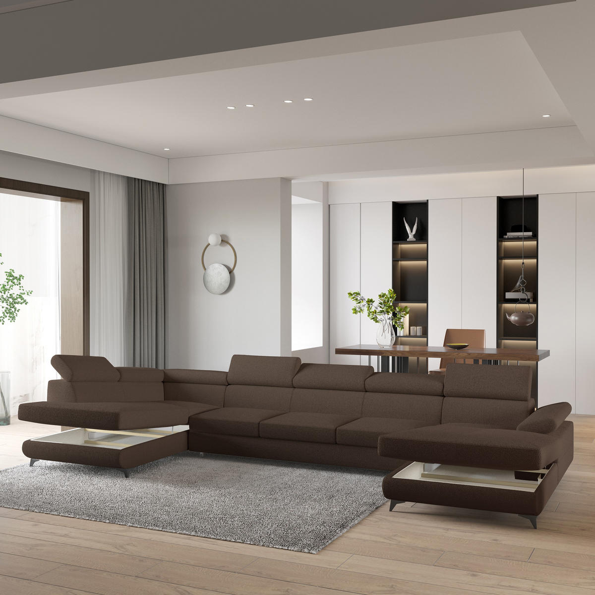 WOHNLANDSCHAFT MONTIVA Braun Boucle-Stoff mit Schlaffunktion - Braun, Holz (410/89/190cm) - MASSENO