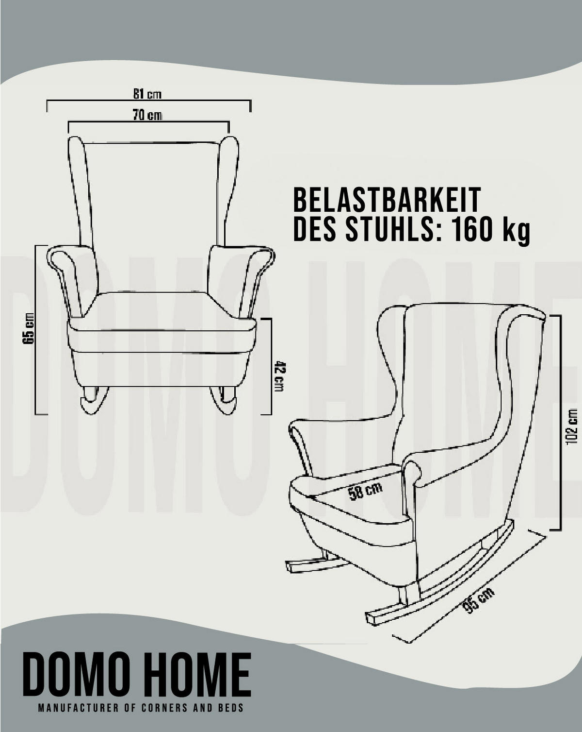 SCHAUKELSESSEL mit gepolstertem Sitz und Armlehnen, 102x81x95 cm, Asche_29858 - Dunkelgrau/Buchefarben, Holz/Textil (81/102/95cm) - DomoHome