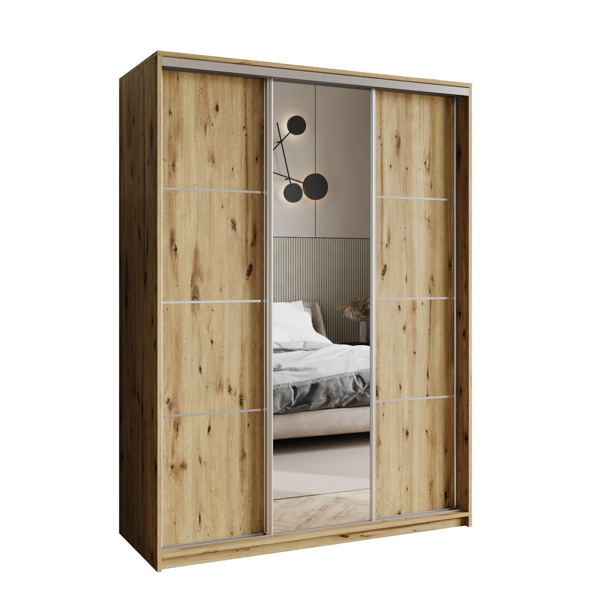 SCHWEBETÜRENSCHRANK VARO 150/205/60 cm 3-türig mit Spiegel Eiche Artisan - Eiche Artisan, Holzwerkstoff (150/205/60cm) - MASSENO