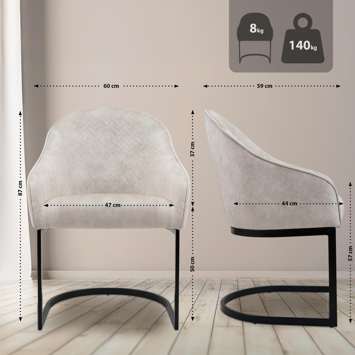 ESSZIMMERSTUHL Samt Creme - Creme/Schwarz, Textil/Metall (60/87/59cm) - CLP