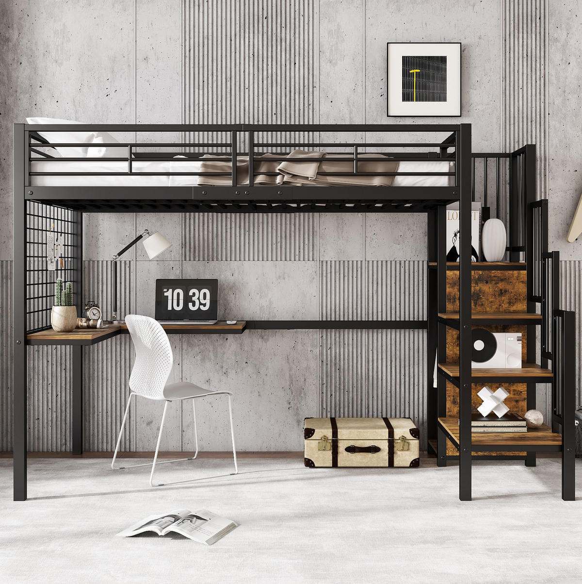 HOCHBETT 90/200 cm Schwarz und dunkle Holzfarbe aus Metall und Holzwerkstoff mit Kleiderschrank und Tisch - Schwarz, Holzwerkstoff (90/200cm) - OKMYHOME