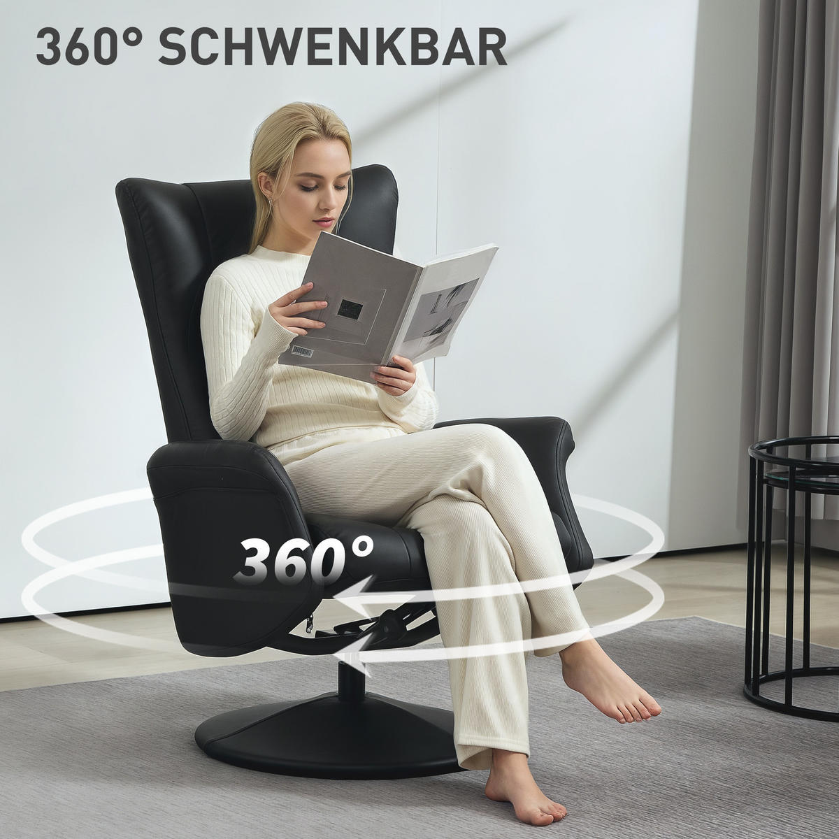 RELAXSESSEL mit Hocker 360°Drehbarer Fernsehsessel mit Liegefunktion Schwarz - Schwarz, Leder/Kunststoff (70/105/79cm) - HOMCOM