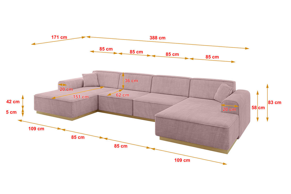 WOHNLANDSCHAFT IREA-U2-v2 - 388x171x83 cm Rosa - Rosa, Holzwerkstoff/Textil (388/83/171cm) - ALTDECOR