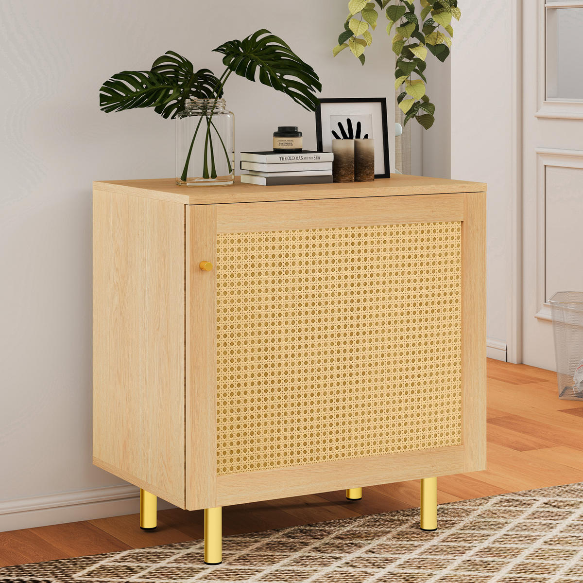 SIDEBOARD 60/40/63 cm in Natur mit Rattantür und goldfarbenen Metallbeinen - Naturfarben, Holzwerkstoff (60/63/40cm) - Flora Grace