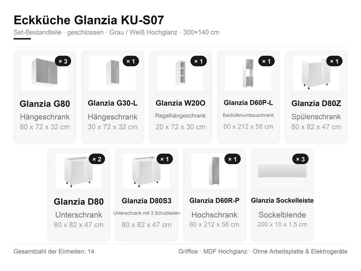 ECKKÜCHE 300x140 cm Glanzia – KU-S07 – Grau / Weiß – Hochglanz - Grau, Holzwerkstoff (300/212/140cm) - hi-markt