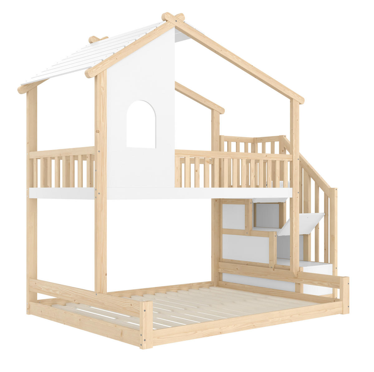 ETAGENBETT 90/200 cm + 140/200 cm mit Stauraumleiter, Hausoptik und Bettgitter aus Kiefernholz, Natur/Weiß - Naturfarben, Holzwerkstoff (90/200cm) - Redom