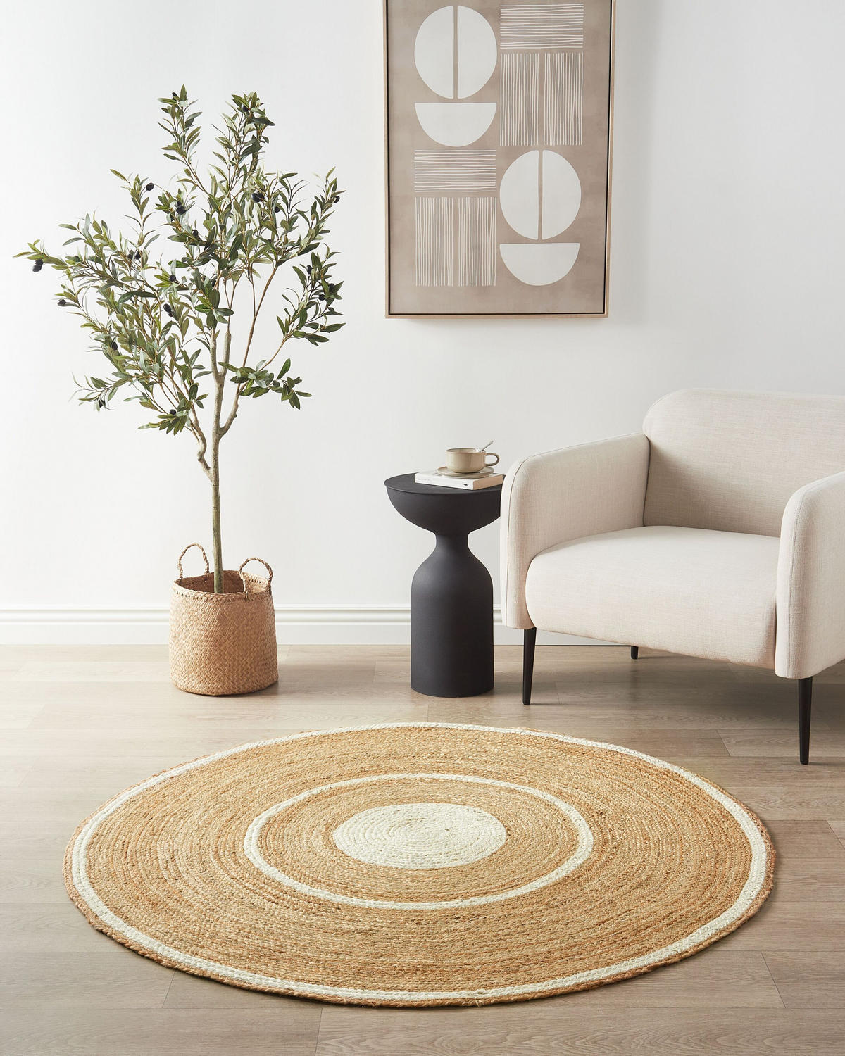 TEPPICH geflochten Beige 140 cm Halfeli - Beige/Weiß, Naturmaterialien (140/140cm) - Beliani