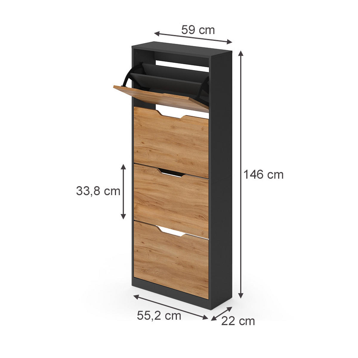 SCHUHKIPPER Luca, Anthrazit/Goldkraft Eiche, 59 x 146 cm mit 4 Kippfächern - Honigeiche/Anthrazit, Holzwerkstoff (59/146/22cm) - Vicco