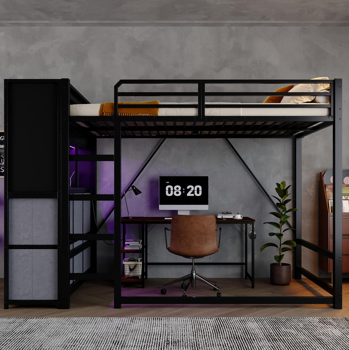 HOCHBETT aus Metall und Holz 120x200 cm Schwarz/Grau mit Stauraum, Beleuchtung und Ladestation - Schwarz, Metall (120/200cm) - Modfu