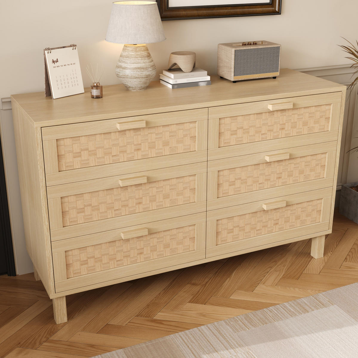 SIDEBOARD mit 6 Schubladen 120/40/75 cm in Naturfarbe mit Rattanoptik - Naturfarben, Holzwerkstoff (120/75/40cm) - BEAOK