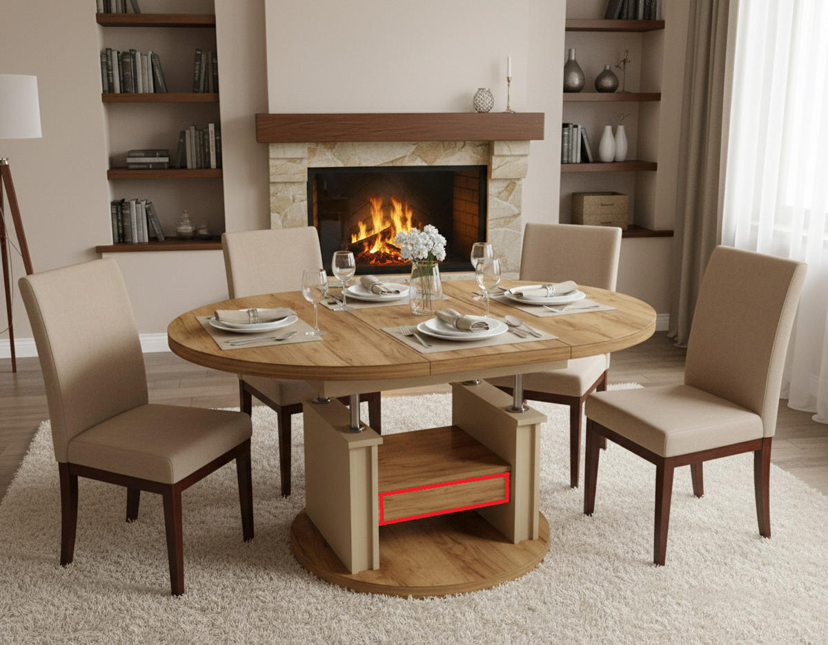 COUCHTISCH rund ausziehbar höhenverstellbar Schubalde 100/100/60 cm - Eichefarben/Beige, Holzwerkstoff (100/100/60cm) - designimpex