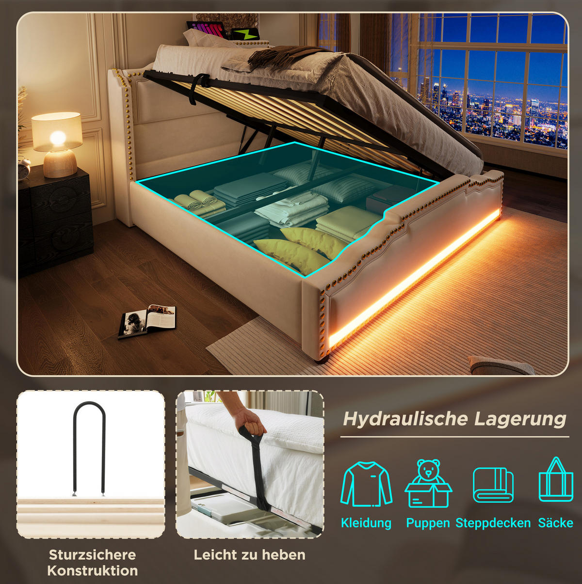 ČALOUNĚNÁ postel 140/200 cm béžová z veluru s úložným prostorem, LED osvětlením, USB-C a matrací - béžová, textil (140/200cm) - OKWISH