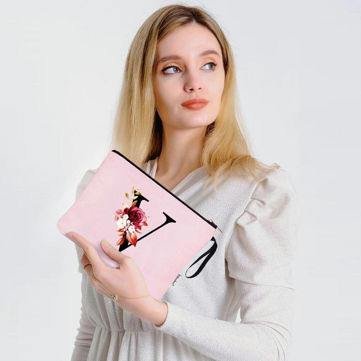 KULTURBEUTEL mit Initial V, Pink - Rosa, Textil (5/16/24cm)