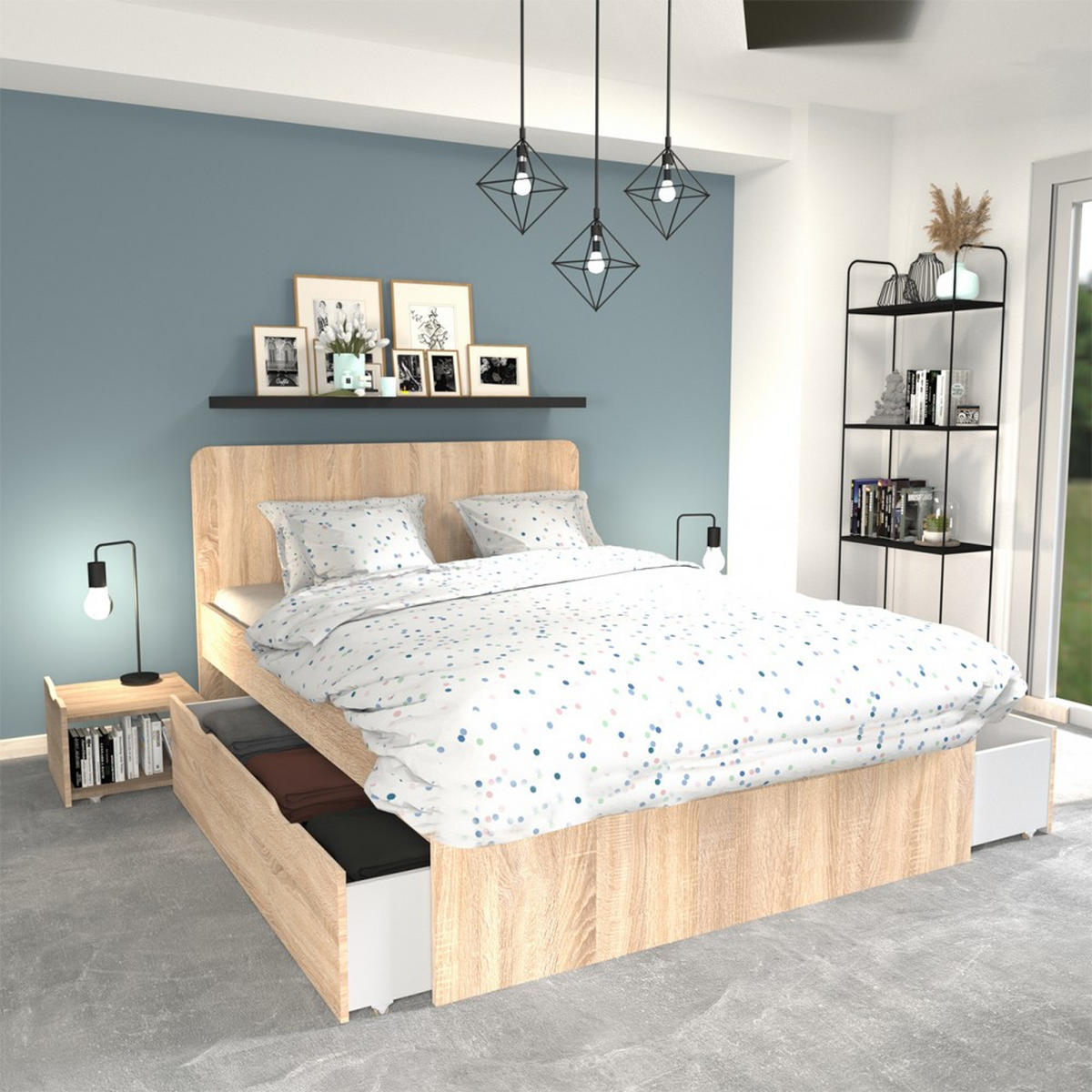 DOPPELBETT ZENIA / BETT 140x190 + 2 Konsolen + 2 Schubladen - Eiche gebleicht Dekor - Sonoma Eiche, Holzwerkstoff (140/190cm) - Weber Industries