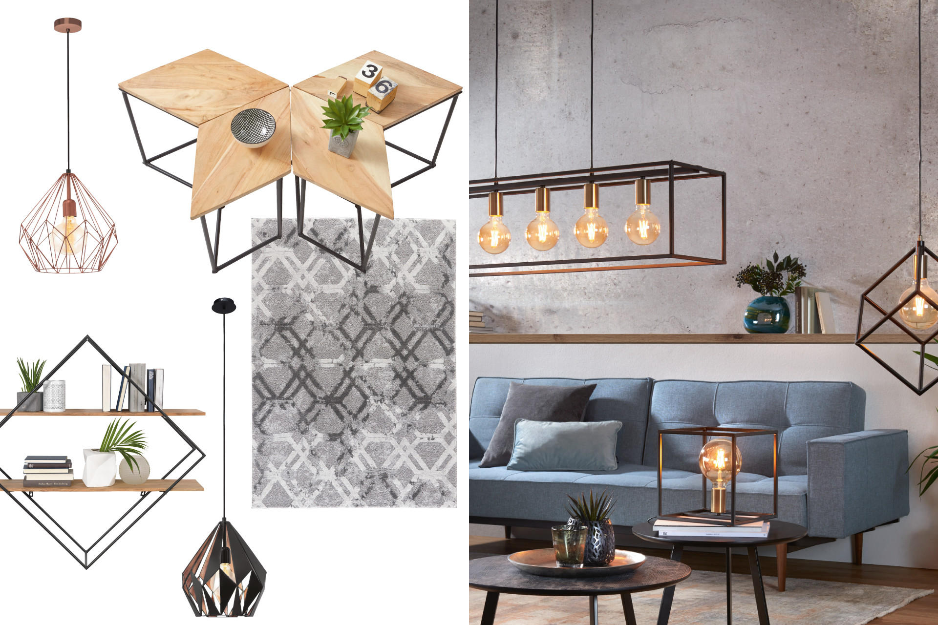 Wohnzimmer mit geometrischen KleinmÃ¶belelementen - Couchtisch