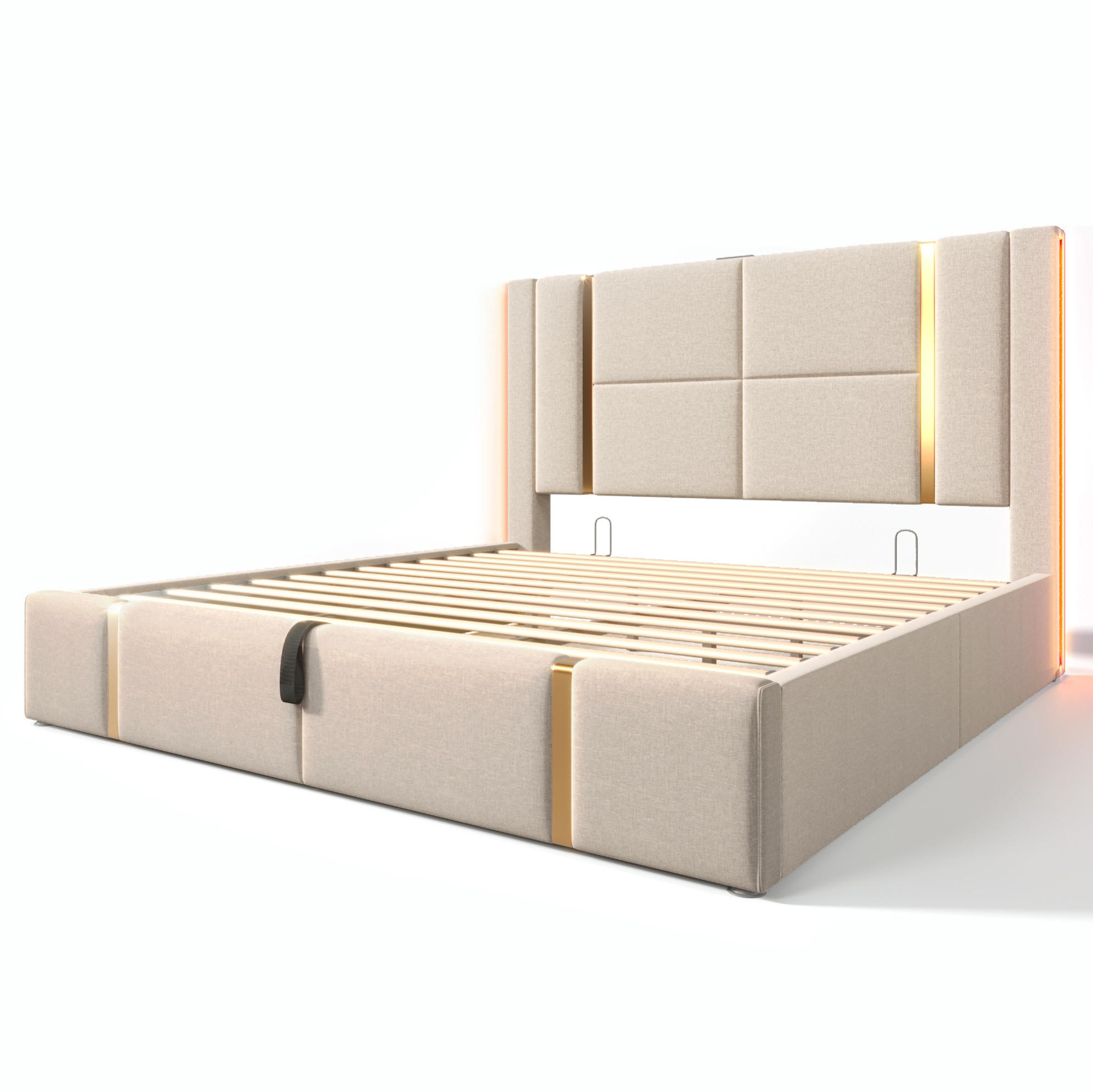Modfu ČALOUNĚNÁ postel z lnu 180x200 cm béžová s USB-C a RGB LED osvětlením, úložným prostorem a lamelovým roštem