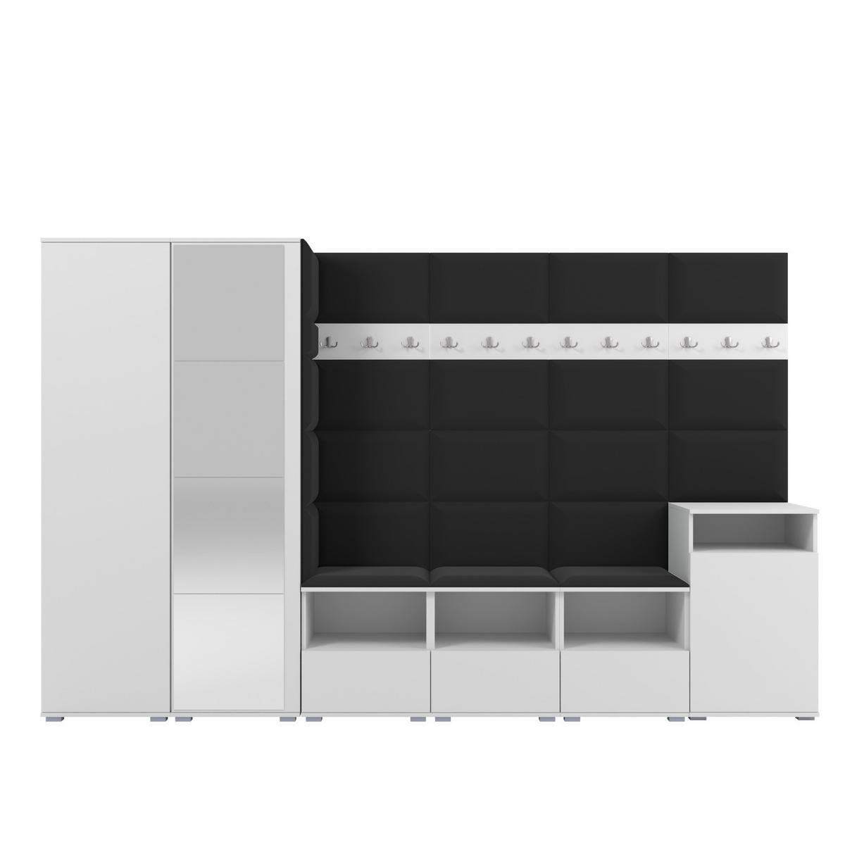GARDEROBE NELA XII 300 cm (Modulare Flurmöbel Weiß mit Spiegel & Sitzpolster Schwarz 16 Gigantisches Set) - Silberfarben/Schwarz, Holz/Holzwerkstoff (300/187/40cm) - Ravio